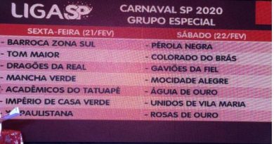 Confira a Ordem do desfile do Grupo Especial SP Carnaval 2020!